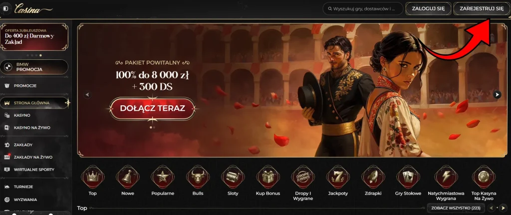 Casina — przycisk rejestracji